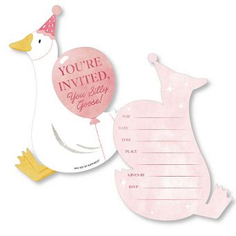 Big Dot of Happiness One Silly Goose Pink Invitations with Envelopes, Fill-In Flat Cards - 12 ct