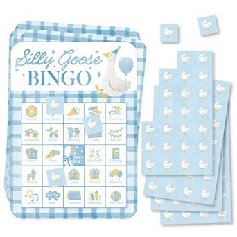 Big Dot of Happiness One Silly Goose Blue Bingo Cards and Markers, Bingo Game - Set of 18