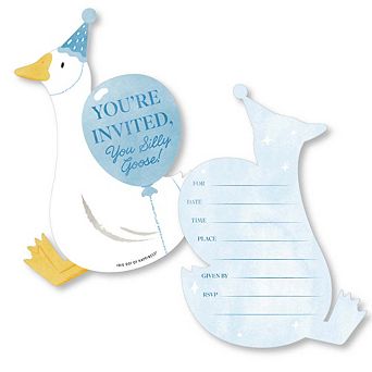 Big Dot of Happiness One Silly Goose Blue Invitations with Envelopes, Fill-In Flat Cards - 12 ct