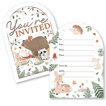 Big Dot of Happiness Woodland Animals Invitations with Envelopes, Fill-In Flat Cards - 12 ct