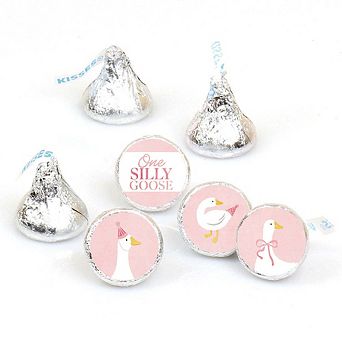 Big Dot of Happiness Mini One Silly Goose Pink Party Stickers, Round Candy Favors - 1 Sheet of 108