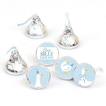 Big Dot of Happiness Mini One Silly Goose Blue Party Stickers, Round Candy Favors - 1 Sheet of 108