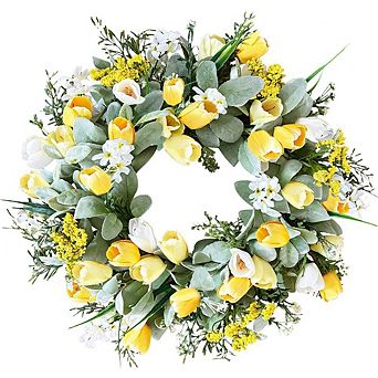 Yellow Tulip Wreath with Lamb’s Ear for Front Door and Home Decor (20-22 Inch)