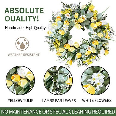 Yellow Tulip Wreath with Lamb’s Ear for Front Door and Home Decor (20-22 Inch)
