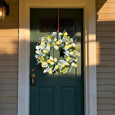 Yellow Tulip Wreath with Lamb’s Ear for Front Door and Home Decor (20-22 Inch)