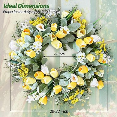 Yellow Tulip Wreath with Lamb’s Ear for Front Door and Home Decor (20-22 Inch)