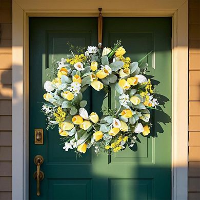 Yellow Tulip Wreath with Lamb’s Ear for Front Door and Home Decor (20-22 Inch)