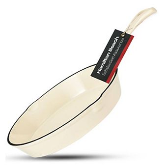 Hamilton Beach Enameled Cast Iron Fry Pan 10-inch Gray, Cream Enamel Coating, Safe Up To 400 Degrees