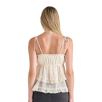 Juniors' madden girl Ruffle Neck Babydoll Top with Bows and Beads