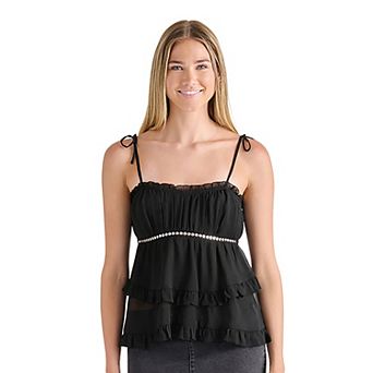 Juniors' madden girl Ruffle Neck Babydoll Top with Bows and Beads