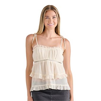 Juniors' madden girl Ruffle Neck Babydoll Top with Bows and Beads