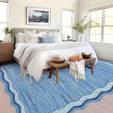 9x12FT Washable Area Rug Scalloped TPR Backing Non Slip for Playroom Nursery Dining Room