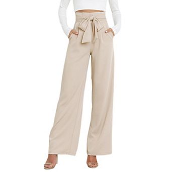 Womens High Waist Paperbag Pant Wide Straight Leg Tie Front Knot Business Casual Pants with Pockets