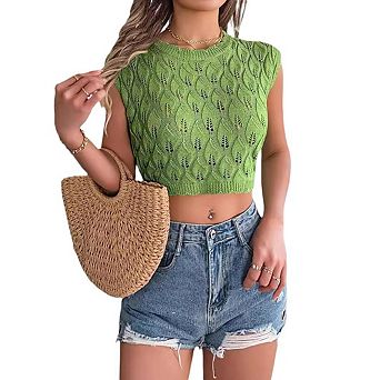 Womens Sleeveless Crochet Crop Tops Scalloped Crew Neck Petal Hem Knit Cute Going Out Summer Tanks