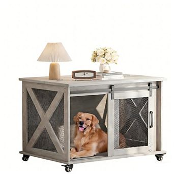 Grey Furniture Style Wooden Dog Crate: Sliding Barn Door Lift-Up Top Locking Wheels