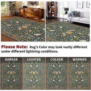 8x10FT Washable Area Rug Bird Pattern Vintage Non Slip Low Pile for Living Room Dining Office