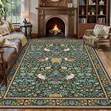 8x10FT Washable Area Rug Bird Pattern Vintage Non Slip Low Pile for Living Room Dining Office