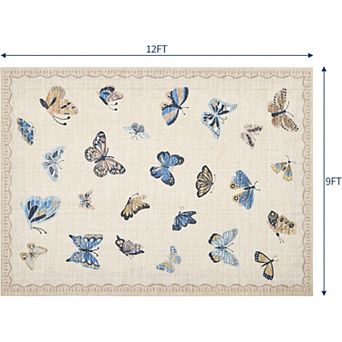 9x12FT Washable Area Rug Modern Butterfly Low Pile Non Slip for Living Room Bedroom Dining