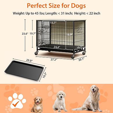 38.6" Dog Crate Furniture: Chew-Proof Dual Doors Wheels Kennel