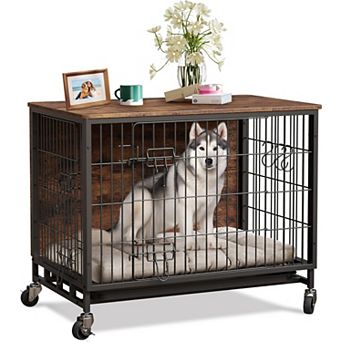 38.6" Dog Crate Furniture: Chew-Proof Dual Doors Wheels Kennel