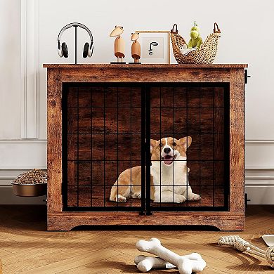 32" Wooden Dog Crate w/ Double Doors, Raised Bowls & Storage, Indoor End Table