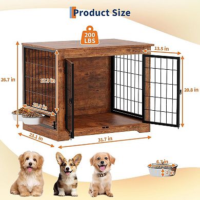 32" Wooden Dog Crate w/ Double Doors, Raised Bowls & Storage, Indoor End Table