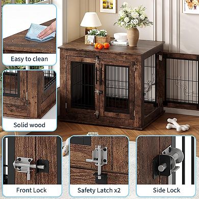 31" Double-Door Dog Crate Furniture w/ Tray & Wheels, Chew-Resistant End Table