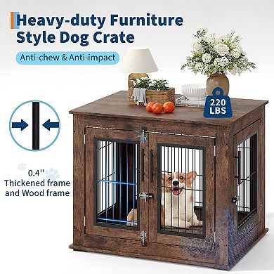 31" Double-Door Dog Crate Furniture w/ Tray & Wheels, Chew-Resistant End Table