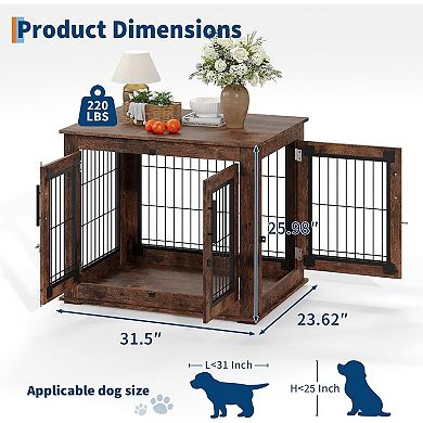 31" Double-Door Dog Crate Furniture w/ Tray & Wheels, Chew-Resistant End Table