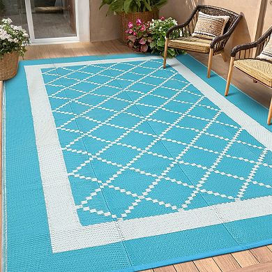 Garvee Geometric Diamond Grid Plastic Straw Woven Outdoor Reversible Rug for Pool Outdoor Adventure