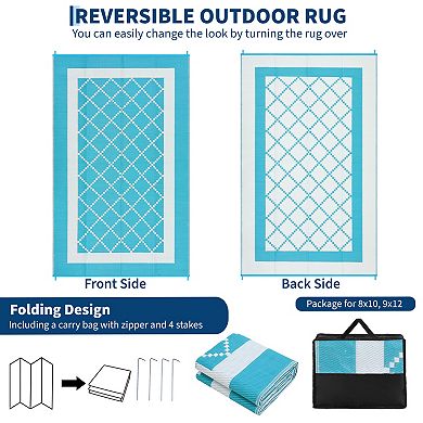 Garvee Geometric Diamond Grid Plastic Straw Woven Outdoor Reversible Rug for Pool Outdoor Adventure