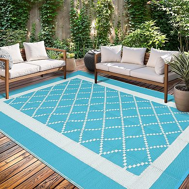 Garvee Geometric Diamond Grid Plastic Straw Woven Outdoor Reversible Rug for Pool Outdoor Adventure