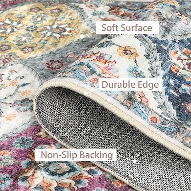 Vintage Washable Low-Pile Rug - Non-Slip, Stain Resistant Soft Oriental Indoor Carpet