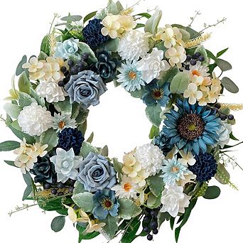 22" Spring Flower Wreath with Sunflowers & Roses, Artificial Greenery for Door & Home Decor