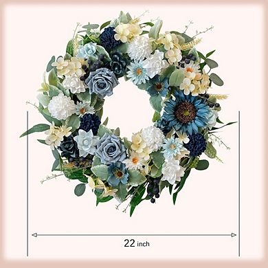 22" Spring Flower Wreath with Sunflowers & Roses, Artificial Greenery for Door & Home Decor