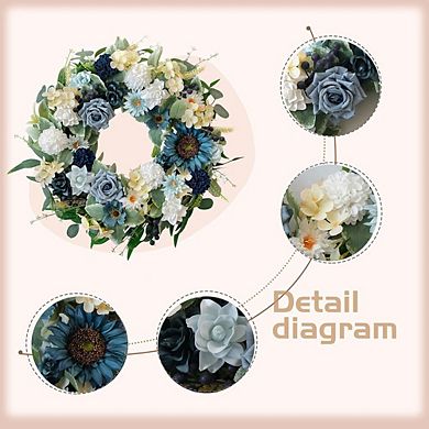 22" Spring Flower Wreath with Sunflowers & Roses, Artificial Greenery for Door & Home Decor