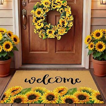 2 pc Sunflower Doormat & Wreath Set, 17x29 Inch Welcome Mat