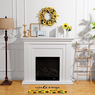 2 Pcs Sunflower Doormat & Wreath Set, 17x29 Inch Welcome Mat