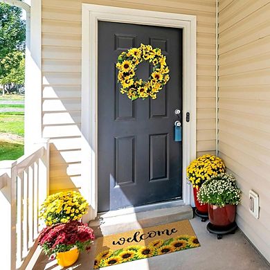 2 Pcs Sunflower Doormat & Wreath Set, 17x29 Inch Welcome Mat