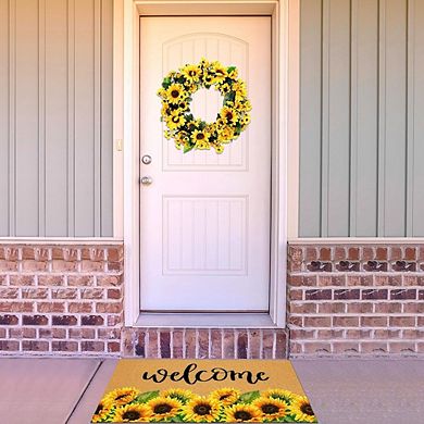 2 Pcs Sunflower Doormat & Wreath Set, 17x29 Inch Welcome Mat