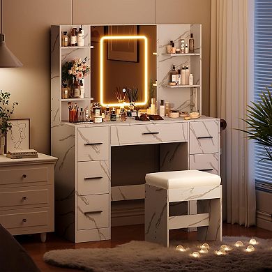 Makeup Vanity Desk: LED Mirror, 3 Color Modes, Power Outlet, 7 Drawers, 6 Shelves & Stool