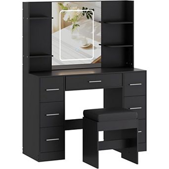 Makeup Vanity Desk: LED Mirror, 3 Color Modes, Power Outlet, 7 Drawers, 6 Shelves & Stool