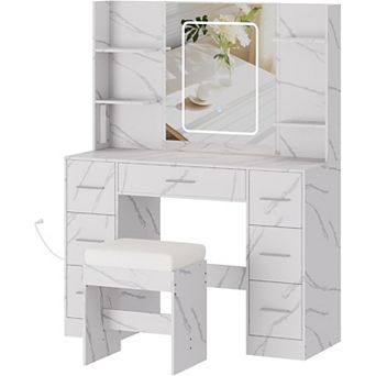 Makeup Vanity Desk: LED Mirror, 3 Color Modes, Power Outlet, 7 Drawers, 6 Shelves & Stool