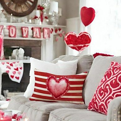 Valentine’s Pillow Cover 12x20 Red Heart Striped Outdoor Lumbar Decor