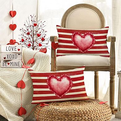 Valentine’s Pillow Cover 12x20 Red Heart Striped Outdoor Lumbar Decor