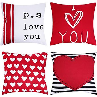 Valentine’s Day Pillow Covers 18x18, Love Heart & Stripes Set of 4