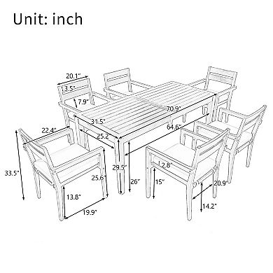 Merax 7 Pieces Acacia Wood Outdoor Dining Set with Cushions,Modern 6 Chairs and 1 Large Table
