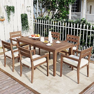 Merax 7 Pieces Acacia Wood Outdoor Dining Set with Cushions,Modern 6 Chairs and 1 Large Table