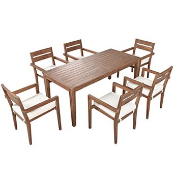 Merax 7 pc Acacia Wood Outdoor Dining Set with Cushions,Modern 6 Chairs and 1 Large Table