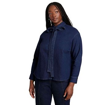 ELOQUII Women's Plus Size Denim Top With Bow Tie